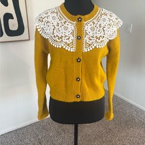 Anthropologie Mustard Cardigan with Lace Collar